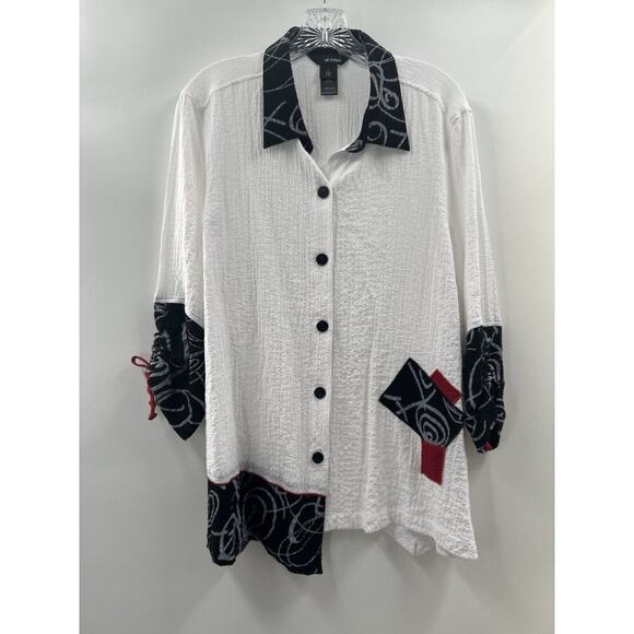 Ali Miles Tops - Ali Miles Women’s 3/4 Ruched Sleeve Button Up Puckered Fabric Top Size Large